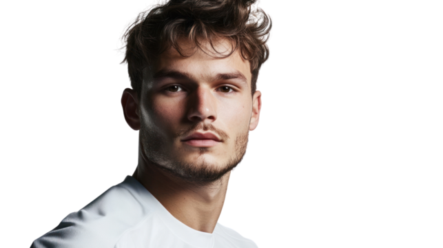 A serious young man gazing directly at the camera, exuding confidence and determination. His hairstyle and athletic attire suggest an active lifestyle.