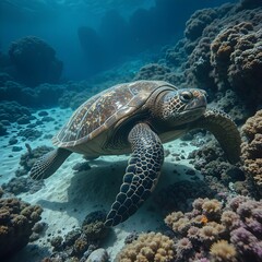 Majestic Sea Turtle Gliding Over a Colorful Coral Seabed in the Ocean
