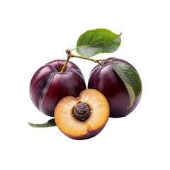 Fototapeta premium Plums: Juicy Red Plums and a Half: Two ripe, dark red plums with one cut open to reveal its juicy, golden flesh and pit, accompanied by fresh green leaves. 