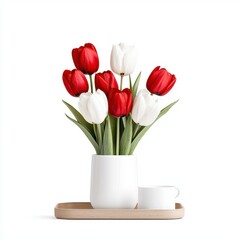 Fototapeta premium Elegant Arrangement of Red and White Tulips in a Simple Modern White Vase on a Tray