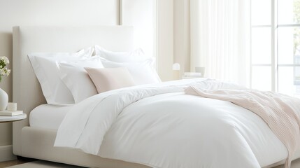 Modern bedroom with a large window on the right side. the window has white curtains that let in natural light.