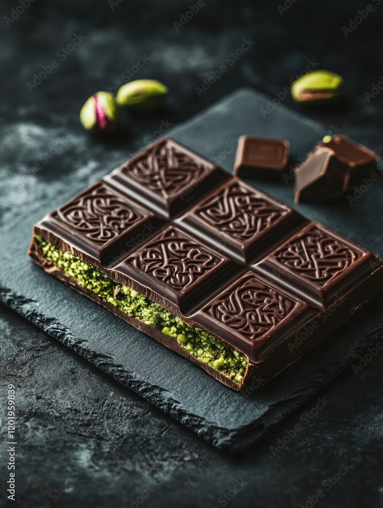 Poster cut chocolate with pistachio filling served on a golden plate with intricate arabic patterns surroun