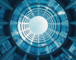 Naklejka premium A Stunning View of a Circular Modern Building from Below, Showcasing Sky Reflection Through Glass and Concrete Architecture in Urban Environment