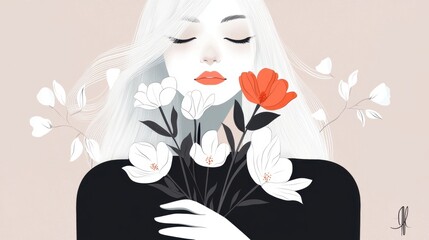 Illustration of a young woman with long white hair and red lipstick. she is holding a bouquet of white flowers in her hands.
