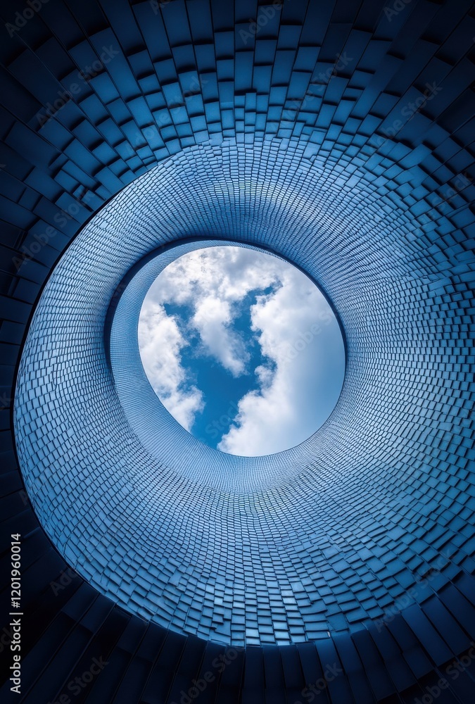 Poster a stunning view of the blue sky through a circular architectural structure surrounded by unique text