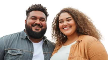 A smiling couple stands together outdoors. They exude joy and warmth, embodying love and friendship in a welcoming atmosphere, perfect for lifestyle themes.