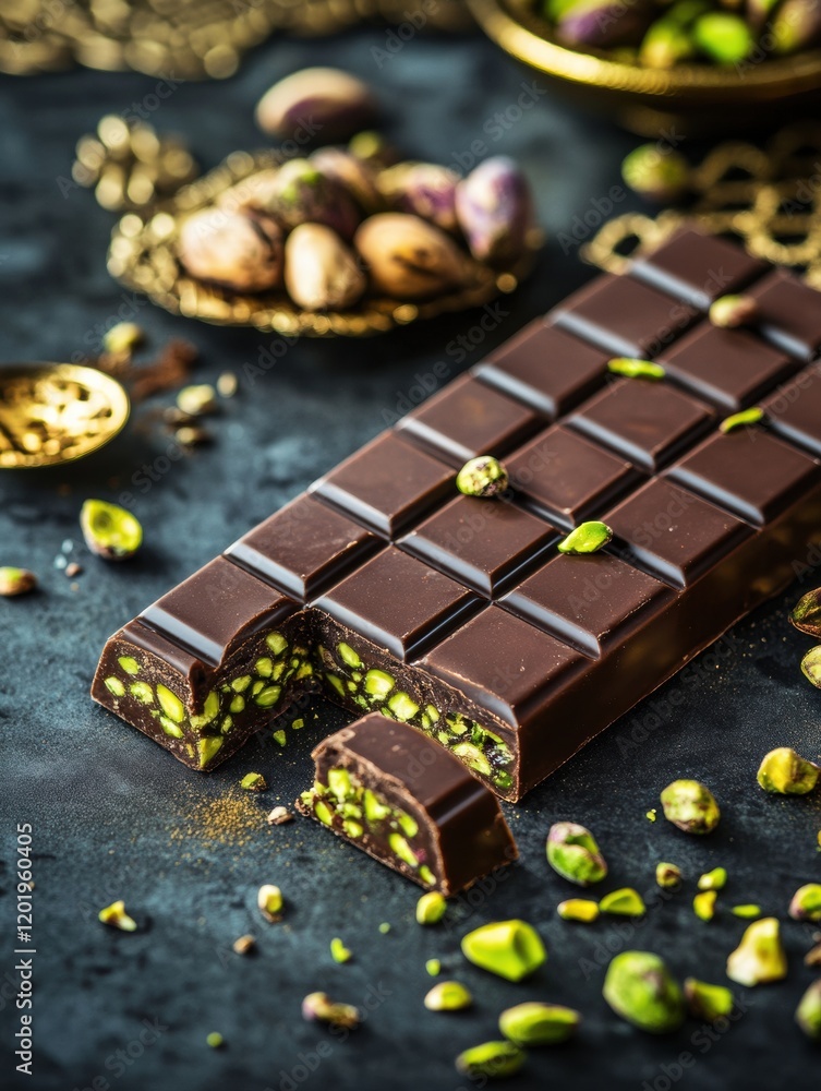 Aufkleber delicious chocolate bar with creamy pistachio paste filling displayed on a dark countertop with scat