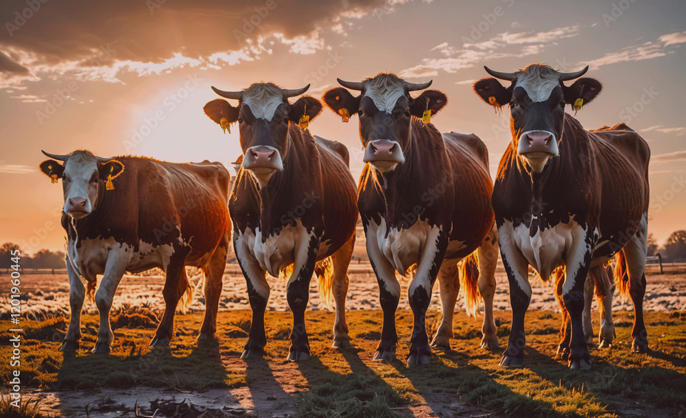Poster Four cows standing in a field with the sun setting behind them. The cows are brown and white, and they are all facing the same direction. The scene has a peaceful and serene mood