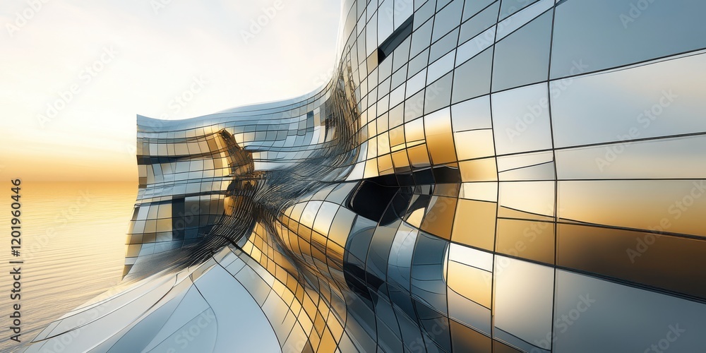 Poster abstract architectural design featuring a dynamic and warped glass facade reflecting sunlight with f