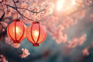 Obraz premium Beautiful Red Lanterns Among Cherry Blossoms
