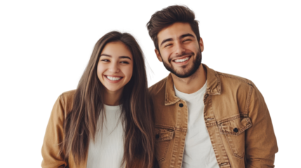 A cheerful young couple smiles together, embodying happiness and connection. Their joyful expressions showcase a moment of love and friendship.