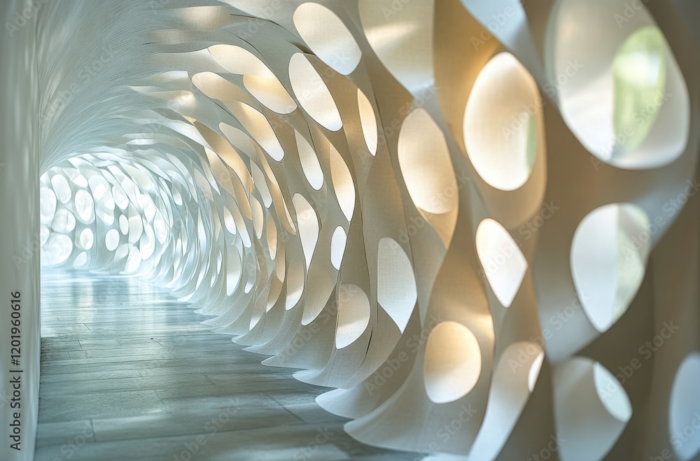 Poster abstract architectural design featuring a luminous tunnel with organic forms and soft lighting, crea