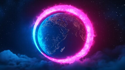 Obraz premium Vibrant Glowing Crescent Around Earth - A vibrant glowing crescent of pink and blue arcs around a detailed Earth, symbolizing energy, technology, connection, hope, and cosmic power.