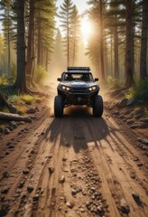 All terrain vehicle driving on a dirt track through the woods , foliage, adventure