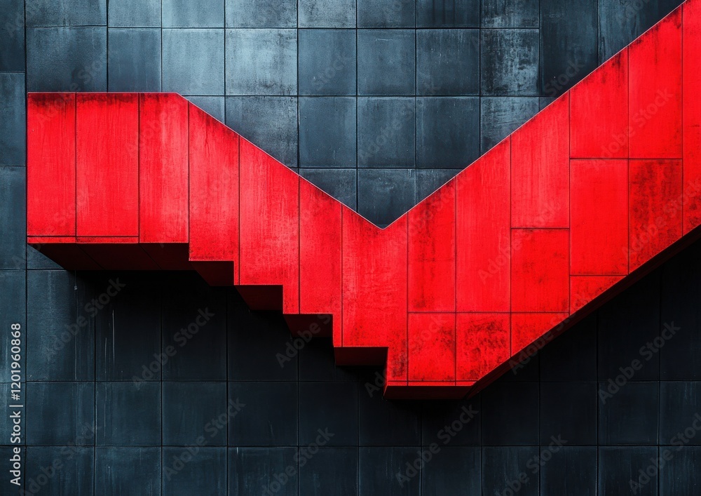 Poster abstract architectural design featuring a striking red staircase against a contrasting dark textured