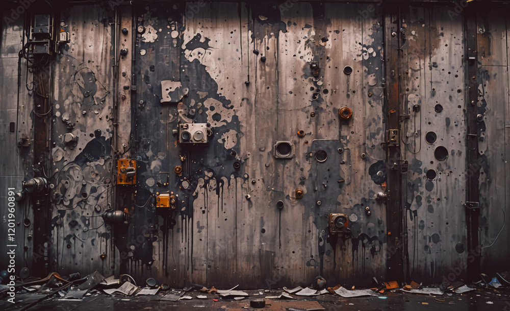 Poster a wall with many holes and a lot of paint splatters. the wall is old and has a lot of rust