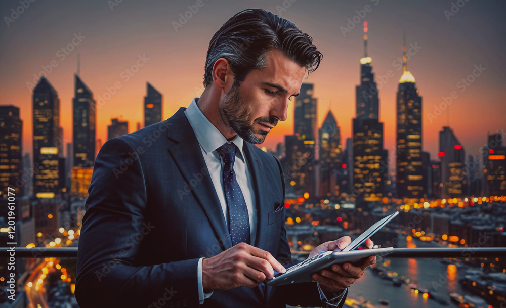 Poster a man in a suit is looking at a tablet while standing on a rooftop. the city skyline in the backgrou