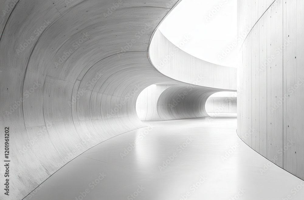 Poster abstract architectural design featuring smooth, curved concrete forms and bright, minimalist interio