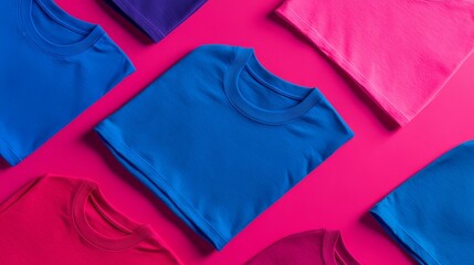 Colorful T-Shirts Arranged on Pink Background