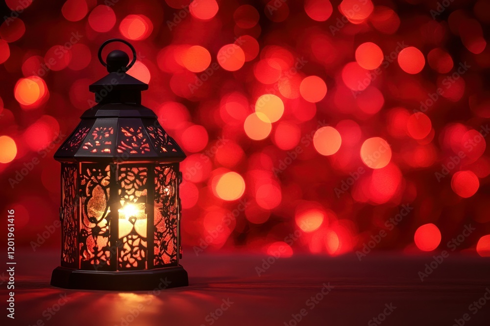 Poster illuminated red lantern against bokeh background