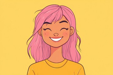 Cheerful Cartoon Character with Pink Hair and Smile