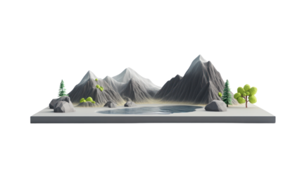 A serene digital landscape featuring mountains, a calm lake, and lush trees. Ideal for nature-themed projects and evocative imagery.