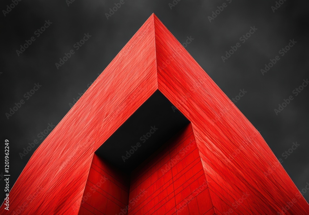 Poster abstract architectural structure featuring a striking red facade against a dramatic cloudy sky, emph