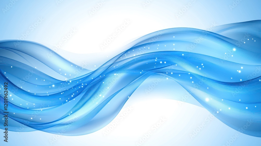 Poster abstract flowing blue waves with sparkling particles: an ethereal and serene design