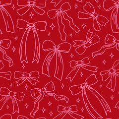Seamless pattern with hand drawn outline bows and stars. Vector outline background for birthday, valentines day holiday