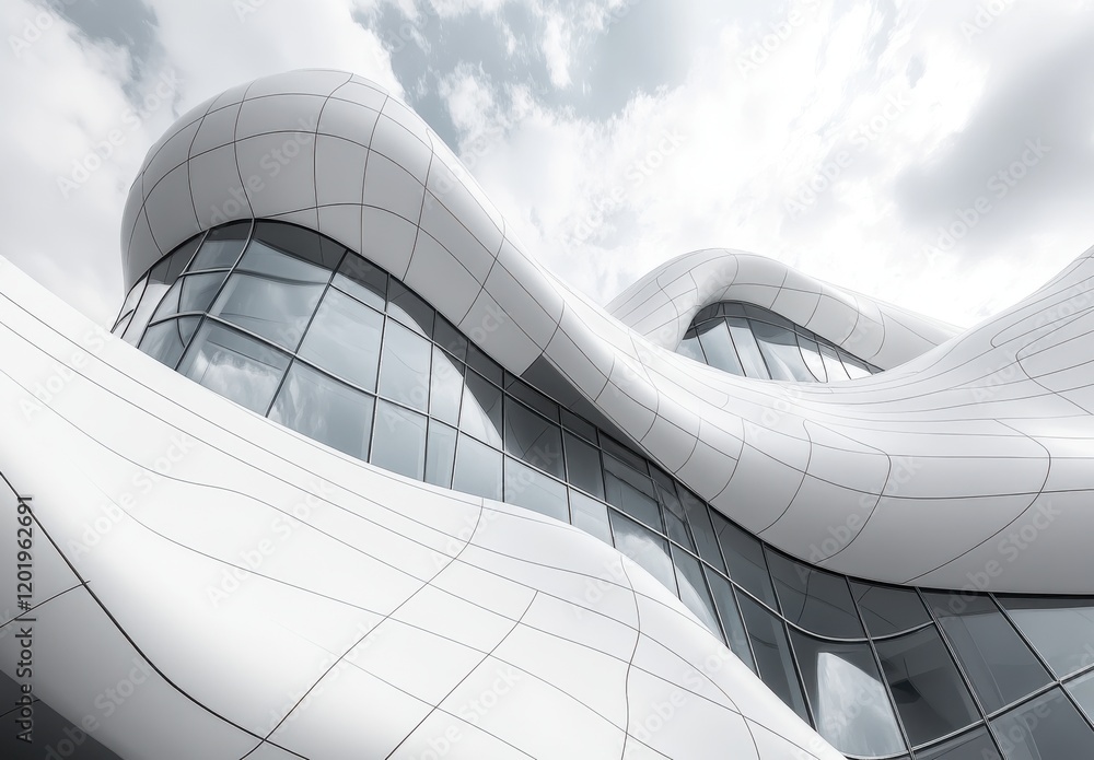 Poster abstract architecture with fluid lines and curved facade under dramatic cloudy sky showcasing modern