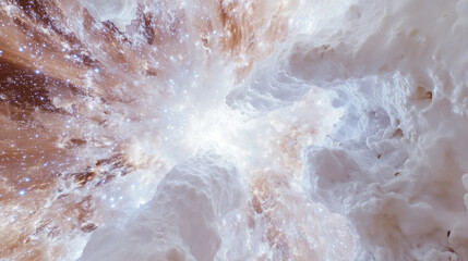 Obraz premium A mesmerizing view of glowing white clouds and swirling cosmic light, evoking a celestial journey through an ethereal, star-filled universe.