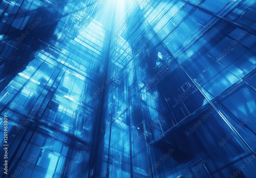 Poster abstract architectural view of modern skyscraper with reflective glass surfaces and blue light creat