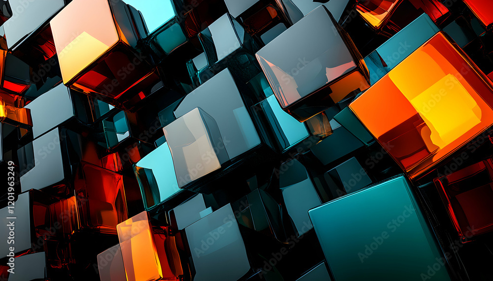 Poster abstract 3d rendering of glossy cubes in shades of teal, orange, and black, creating a dynamic and v