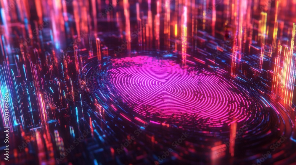 Poster a vibrant rendering of a fingerprint icon in neon colors, symbolizing digital security