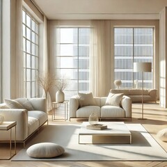 Fototapeta premium A bright, spacious living room with elegant minimalist furniture in soft neutral tones. Natural light streams through large windows, emphasizing simplicity and warmth