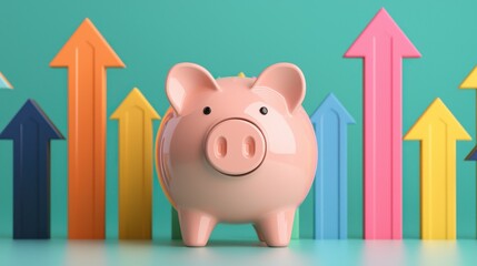 A cute pink piggy bank stands in front of colorful upward arrows, symbolizing financial growth and savings.