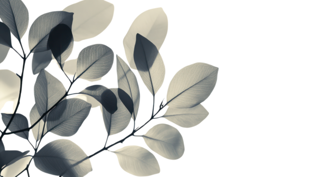 Delicate silver leaves elegantly arching with soft shadows, representing tranquility and nature. Perfect for designs focused on calmness and growth.