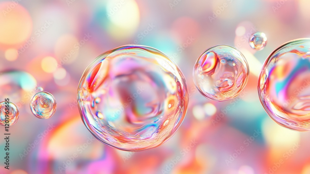 Poster dreamy iridescent soap bubbles captured in a colorful, soft focus background for creative and abstra