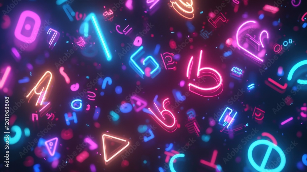 Poster a vibrant representation of boolean algebra symbols in glowing neon lights, set against a dark backg
