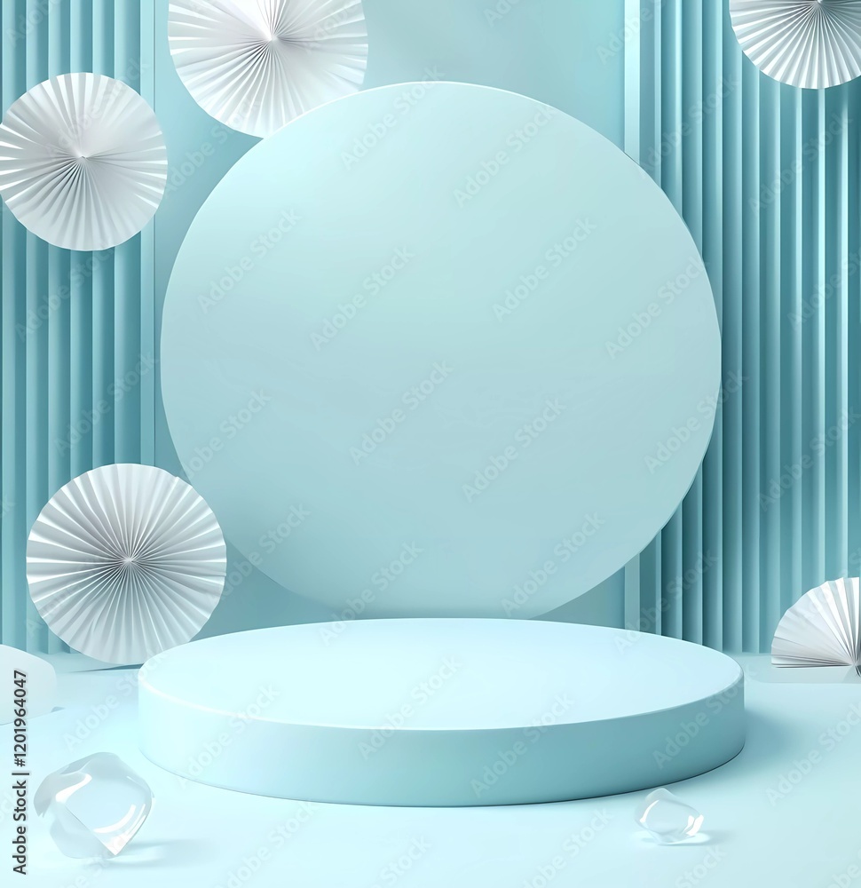Poster 3d rendering of a pastel blue empty podium platform with paper fans on a light background for produc