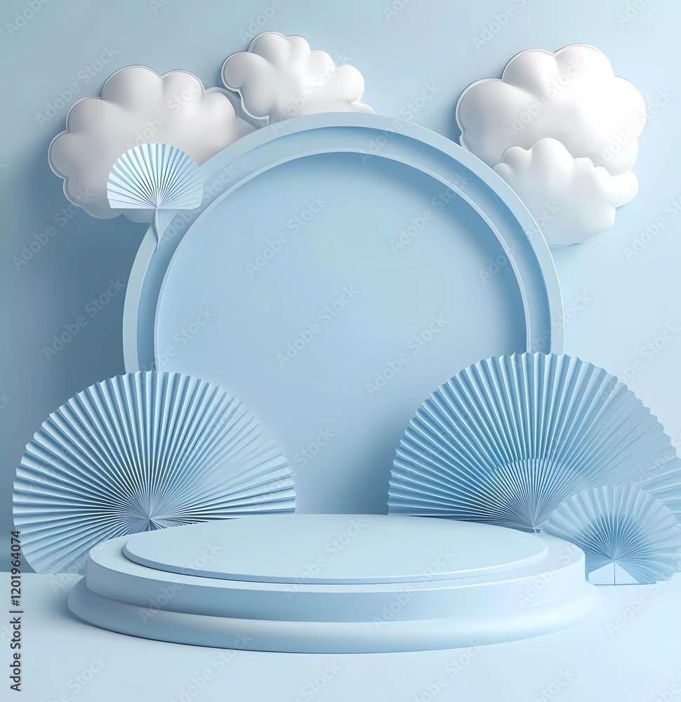 Poster 3d rendering of a pastel blue empty podium platform with paper fans on a light background for produc