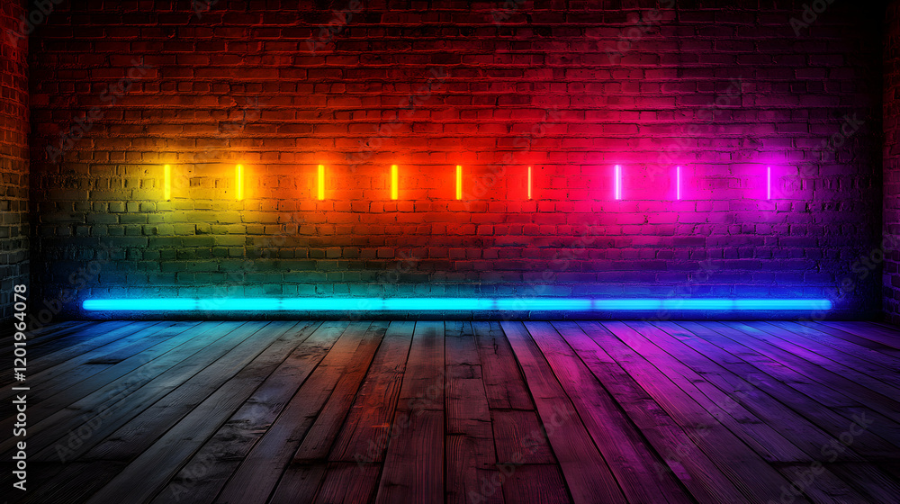 Poster vibrant neon lights illuminate a rustic wooden floor against a textured brick wall, creating a dynam