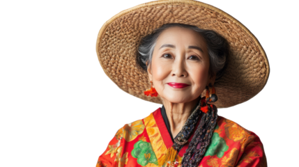 An elderly woman wearing a traditional colorful outfit and a wide-brimmed straw hat, showcasing cultural heritage and wisdom with a warm smile.