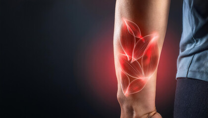 Obraz premium Illustration of muscular structure in a human arm, highlighting muscle fibers with red color to symbolize strength and vitality