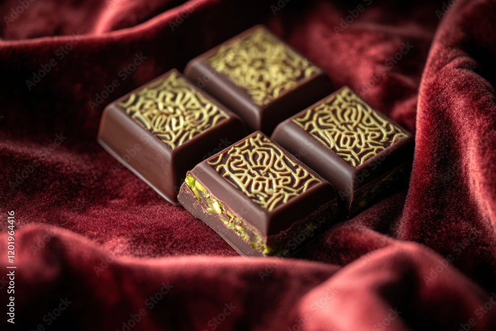 Poster indulgent chocolate with pistachio filling elegantly presented on a golden plate with arabic pattern