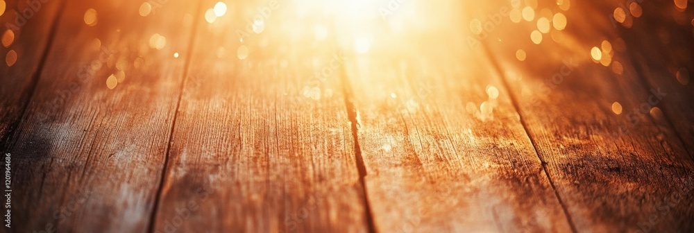 Poster radiant golden light shining over rustic wooden surface, creating a warm and inviting atmosphere per
