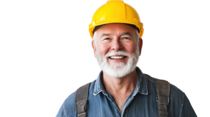 A cheerful elderly man with a gray beard wearing a yellow hard hat and denim shirt, showcasing a warm smile in a construction environment.