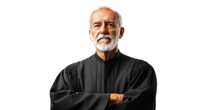 A confident judge stands with arms crossed, wearing a black robe, exuding authority and wisdom in a courtroom setting, ready to uphold justice. - Powered by Adobe