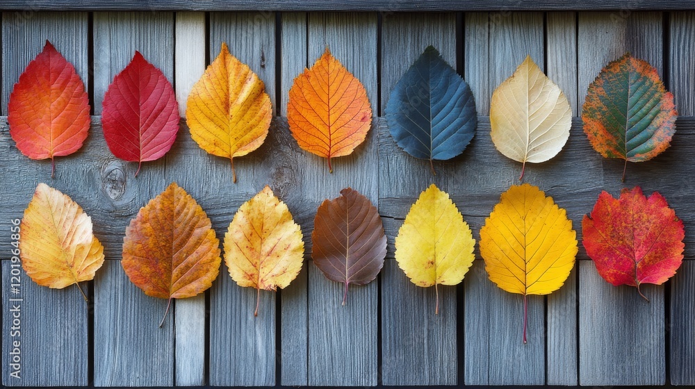 Poster a colorful array of autumn leaves displayed on rustic wooden planks with vivid hues and textural con