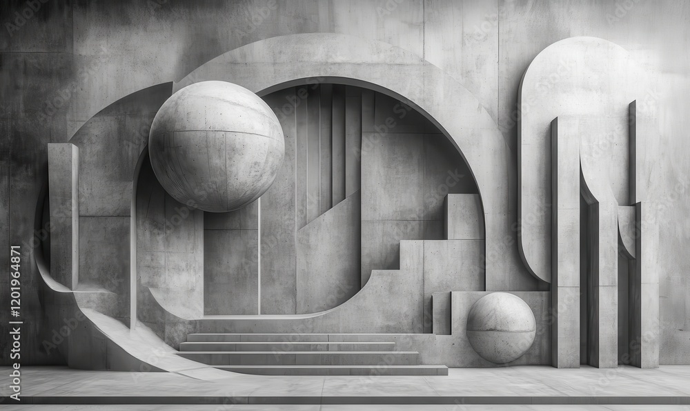 Poster Abstract Concrete Composition with Geometric Shapes and Forms Featuring Curves, Spheres, and Angular Structures in a Monochrome Palette for Modern Design Options
